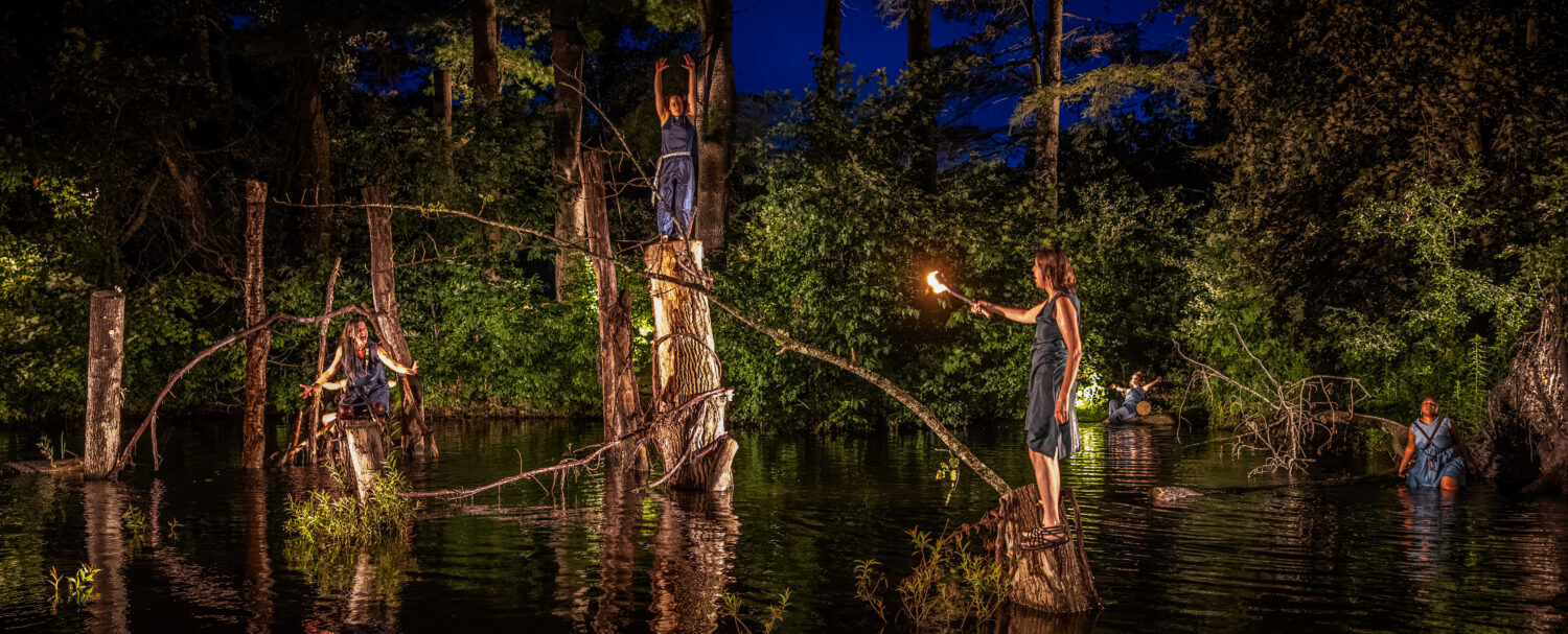 Actors during a scene from The Hidden Territories of the Bacchae at Double Edge Theatre